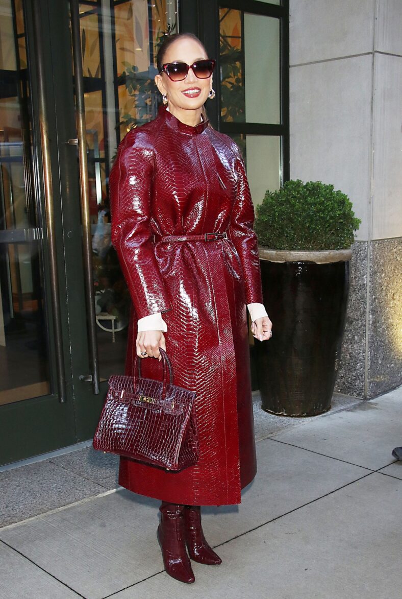 Jennifer Lopez in a red monochromatic snakeskin look